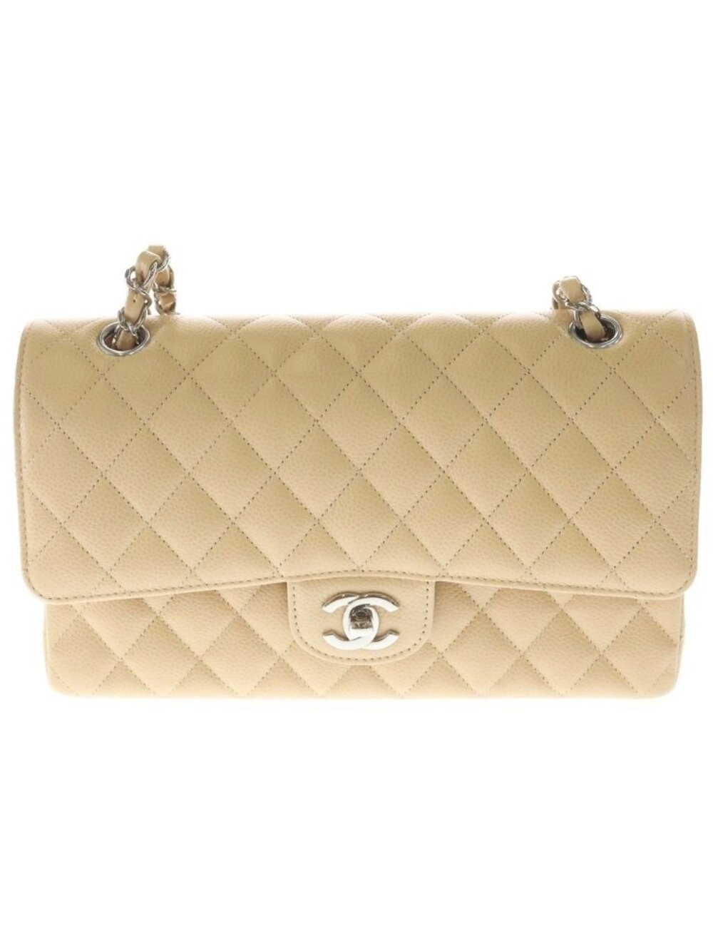Chanel Quilted 25 Double Flap Chain Caviar Leather Silver Shoulder Bag Plate